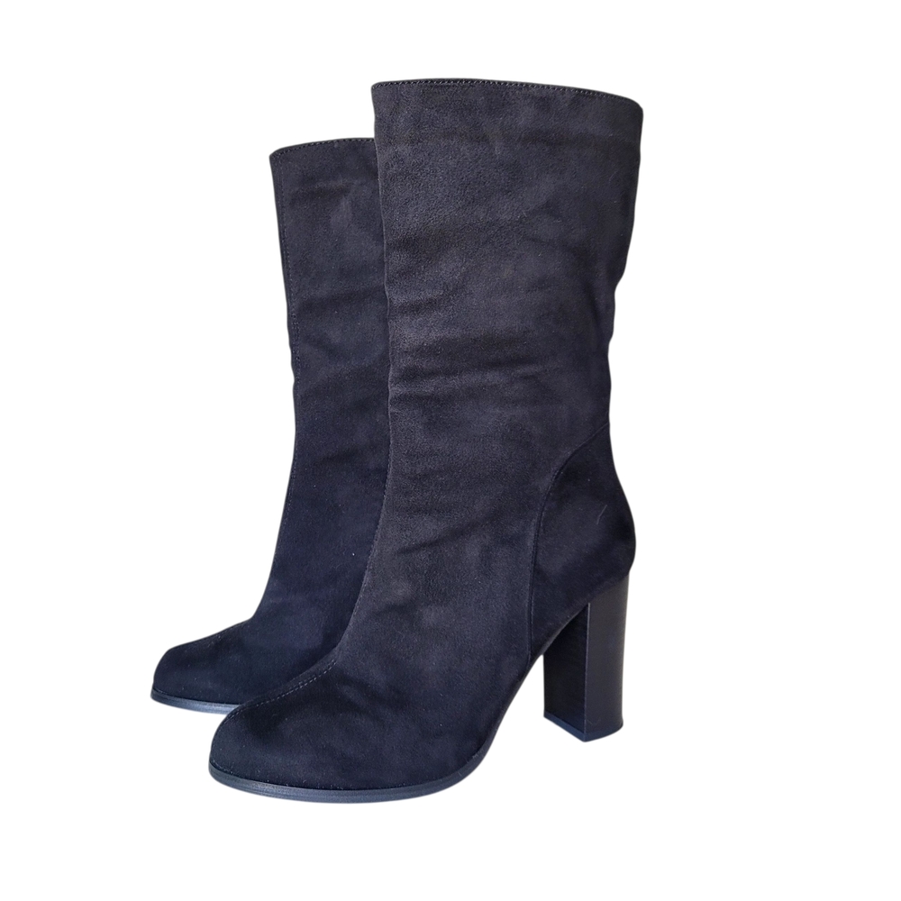 Elegant Black Faux Suede Mid-Calf Blocked High Heeled Boots Women's Size 7